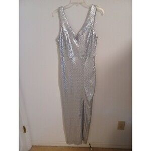Venus Sequined Long Evening Ball Gown M Silver Gray V Neck Sleeveless Zip Slit